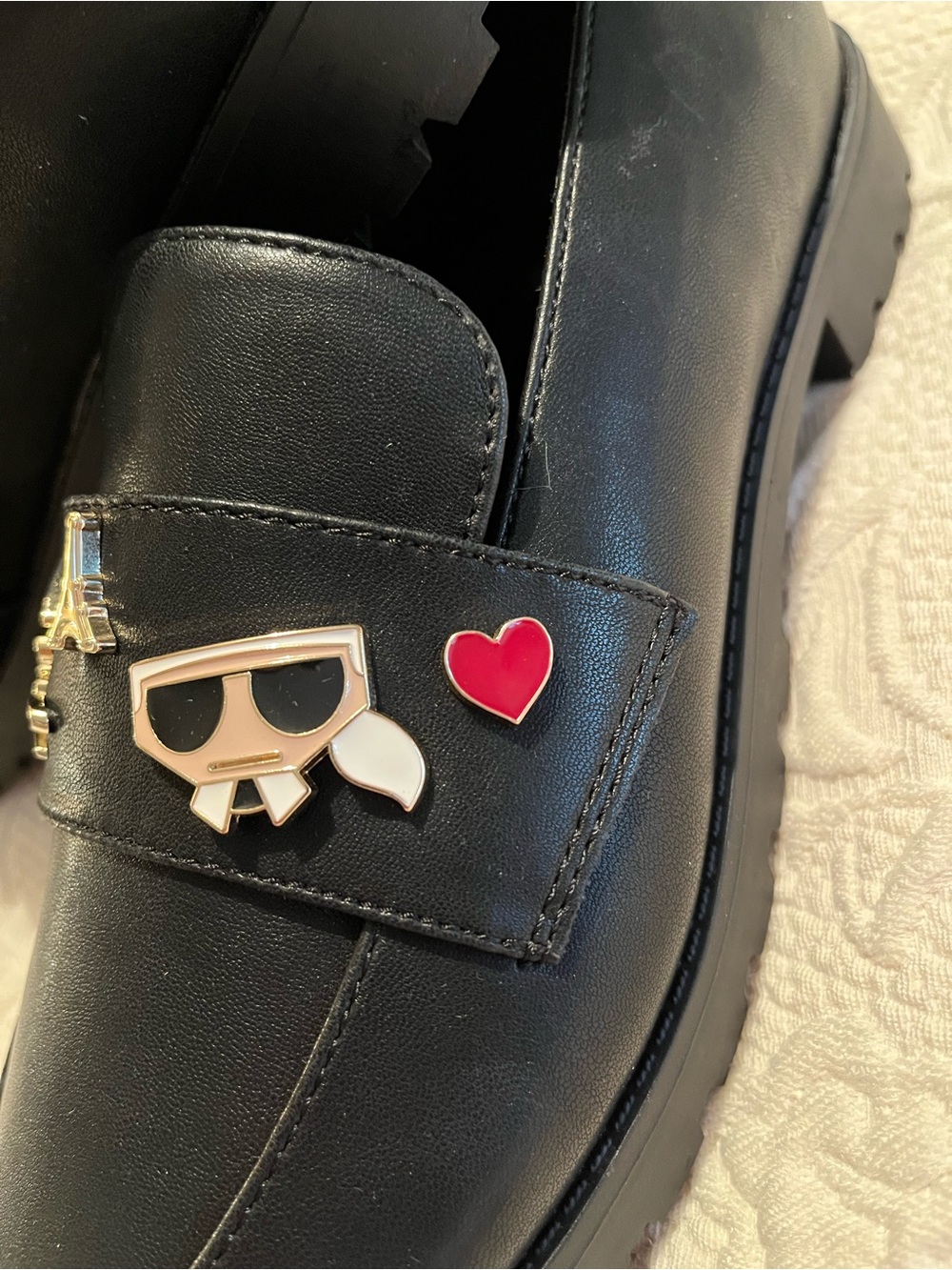 Karl Lagerfeld Black Leather Loafers with Gold & Enamel Charms - Picture 9 of 12